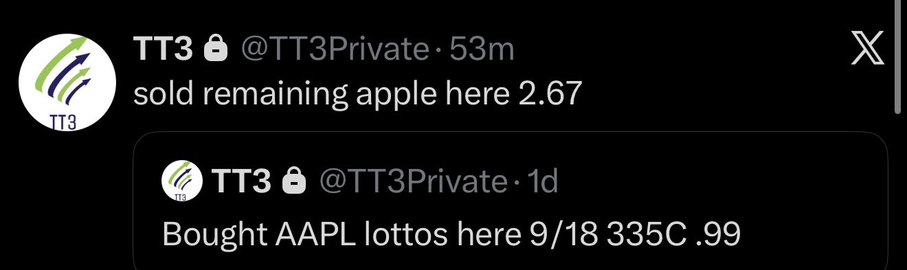 TT3 AAPL 9/18 335 call entry alert at .99 and remaining position exit at 2.67