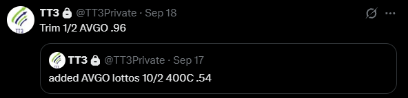 TT3 AVGO 10/2 400 call add alert at .54 and half-position trim at .96