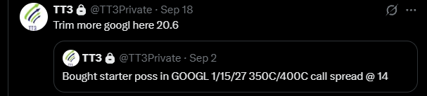 TT3 GOOGL January 15 2027 350/400 call spread starter at 14.00 and trim at 20.60