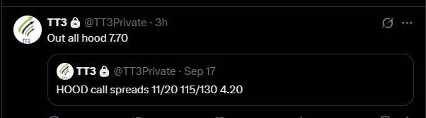 TT3 HOOD 11/20 115/130 call spread entry alert at 4.20 and full exit at 7.70