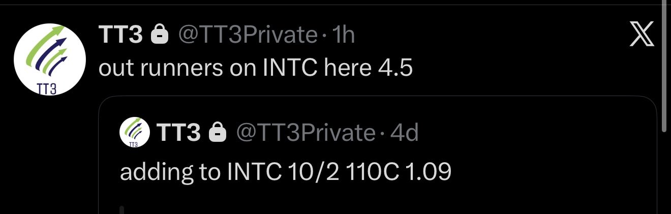 TT3 Intel 10/2 110 call add alert at 1.09 and runner exit at 4.50, following the earlier trim