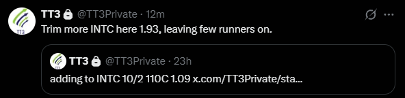 TT3 Intel call alert at 1.09 and trim alert at 1.93