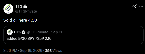 TT3 SPY 9/30 735 put add alert at 2.16 and full exit at 4.98