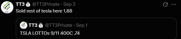 TT3 Tesla call entry alert at .74 and exit alert at 1.88